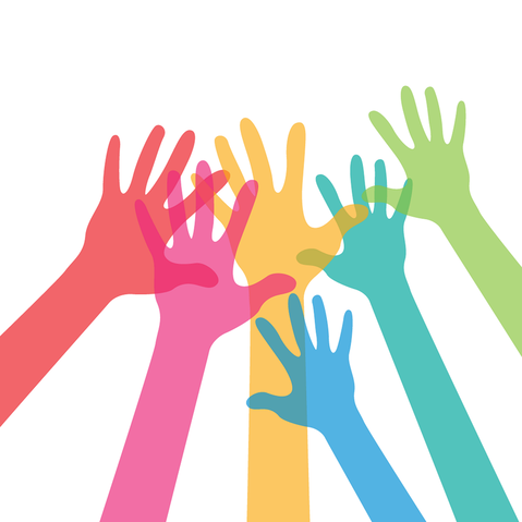 multi-colored hands and arms reaching together