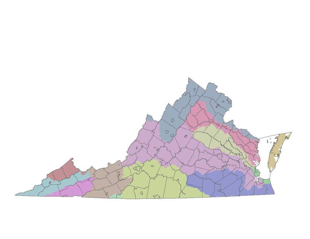 map of Virginia's watersheds shown in different colors